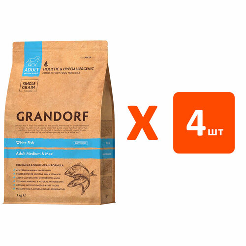  GRANDORF SINGLE GRAIN DOG ADULT MEDIUM & MAXI WHITE FISH            (3   4 ),  