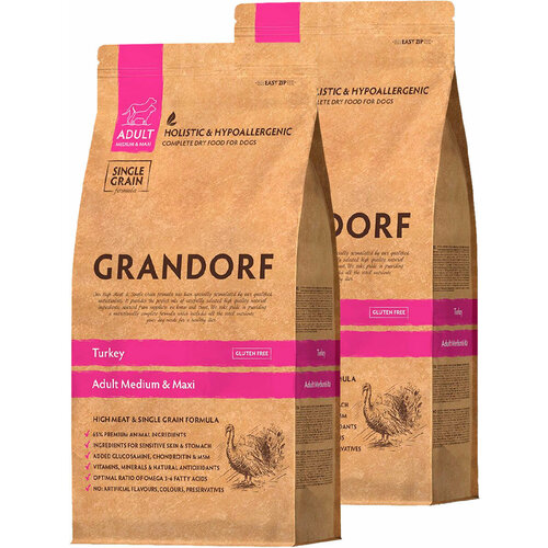  GRANDORF SINGLE GRAIN DOG ADULT MEDIUM & MAXI TURKEY           (10 + 10 ),  