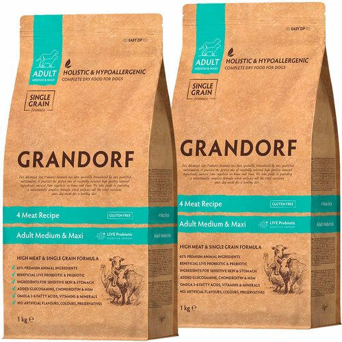  GRANDORF SINGLE GRAIN DOG ADULT MEDIUM & MAXI BREEDS 4 MEAT RECIPE    /  4   /// (1 + 1 )   -     , -  