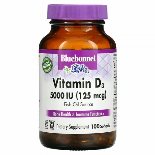  Bluebonnet Nutrition, Vitamin D3, 125 mcg (5,000 IU), 100 Softgels   -     , -  