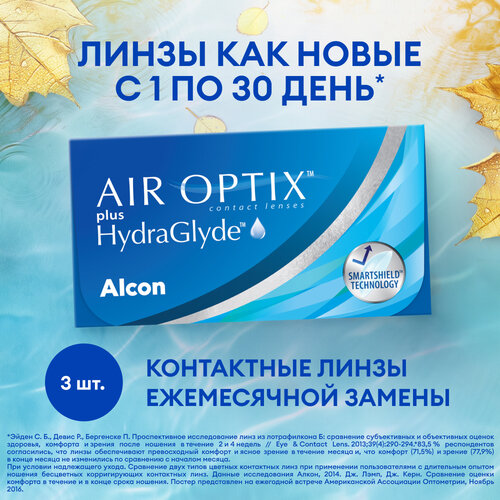 ���� ���������� ����� Alcon Air optix Plus HydraGlyde, 3 ��., R 8,6, D -9,5, ������ ������