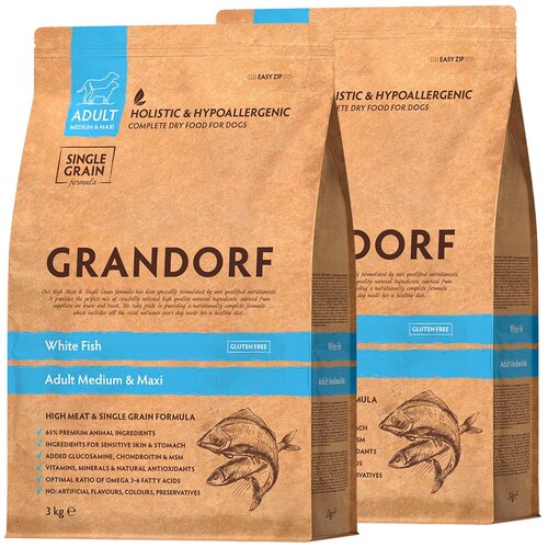  GRANDORF SINGLE GRAIN DOG ADULT MEDIUM & MAXI WHITE FISH            (3 + 3 )   -     , -  