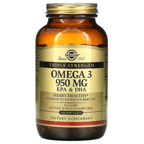 ���� Solgar, Omega 3, EPA & DHA, Triple Strength, 950 mg, �����-3, ��� � ���, ������� ������������, 950 ��, 100 ������, ������ ������