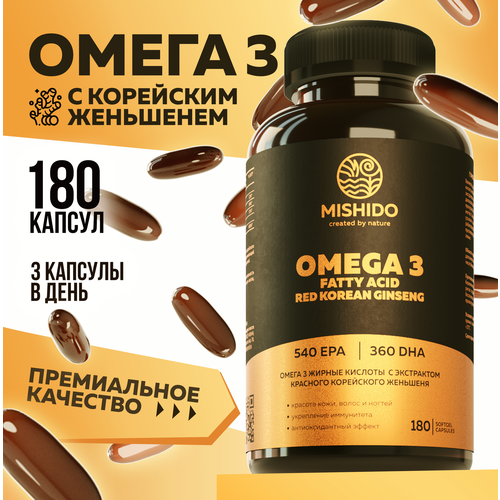 ���� ����� 3 + ������� ��������� �������� MISHIDO, 180 ������ ����� ��� 1000�� Omega 3, ������ ������
